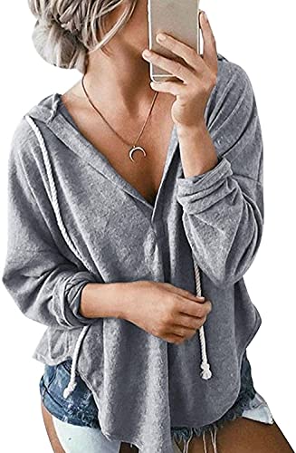 Image of Womens Long Sleeve V Neck Hoodie Sweatshirts Lightweight Pullover Tops