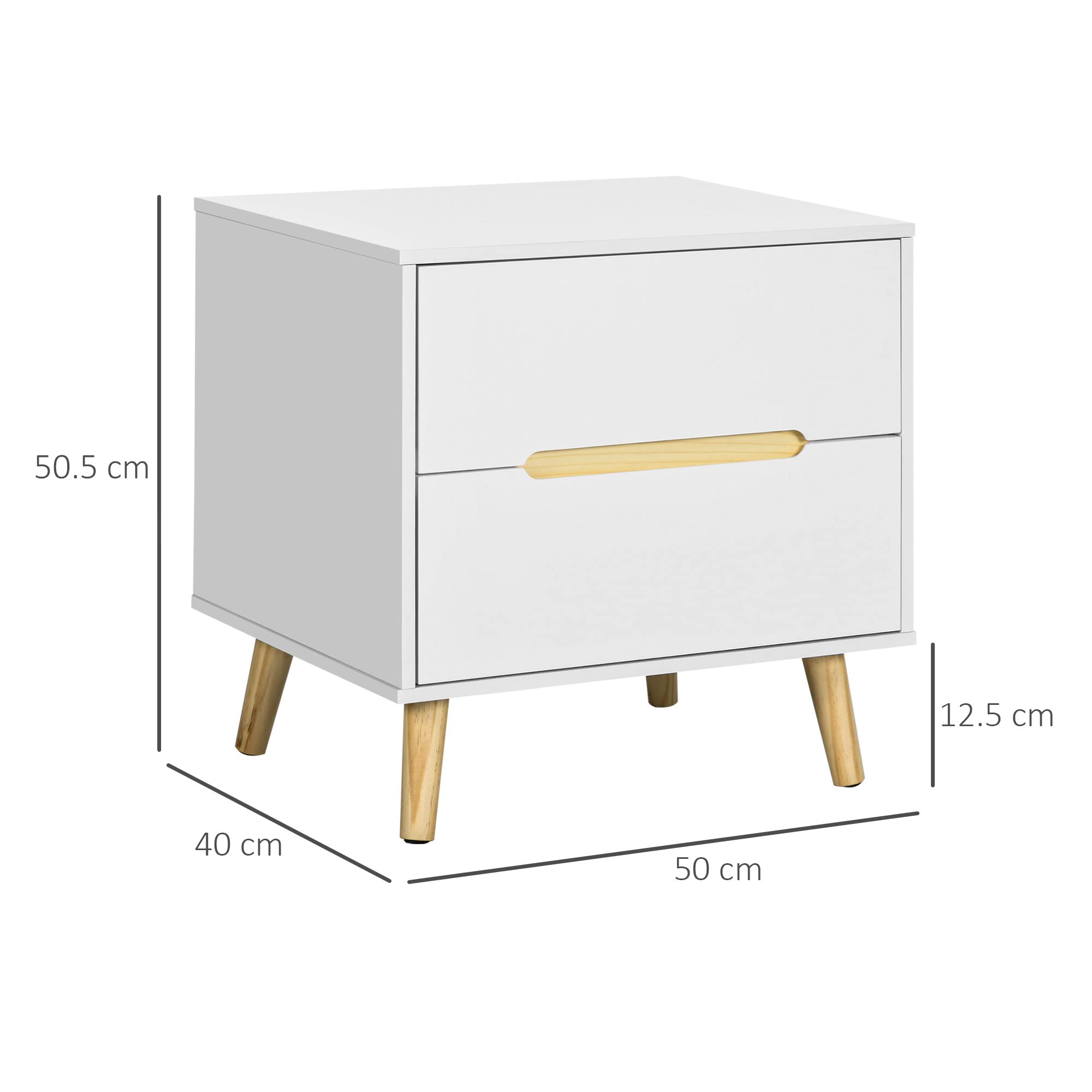 HOMCOM Mesita de Noche con 2 Cajones Patas 50x40x50,5 cm Blanco | Mesilla de Noche Moderno, Patas de Madera, Dormitorio Salón Cama Oficina