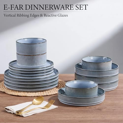 Image of E-far 16 Piece Dinnerware Sets, Plates and Bowls with Pasta Bowls Service for 4, Modern Stoneware Ribbed Dishes for Kitchen Dining, Microwave & Dishwasher Safe, Dusty Blue
