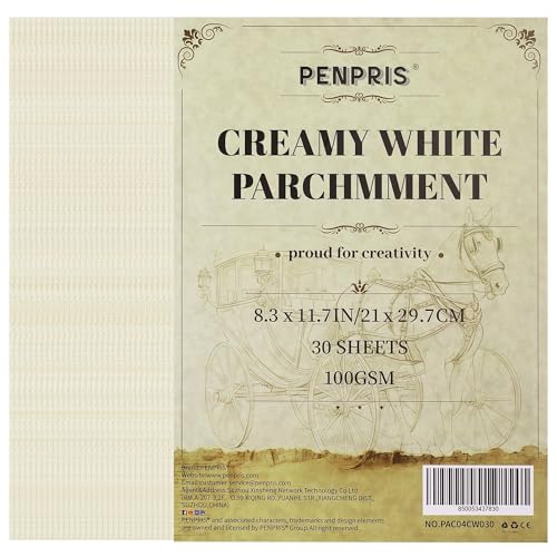 Pergamentpapier, 30 Blatt, cremeweiß, 21 x 29,7 cm, A4-Größe, Pergamentpapier, 100 g/m², Vintage-Papier für Zertifikate, Handwerk, Visitenkarten, Einladungen, PAC04CW030