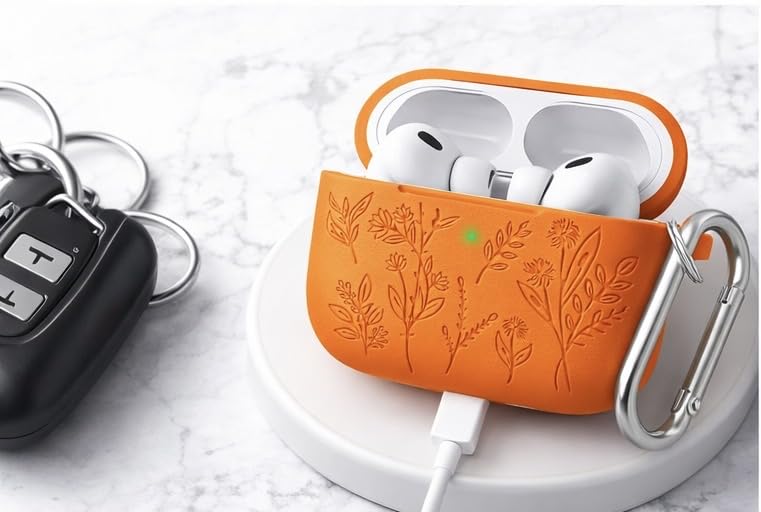 Image of Meyaar Silicone Case for AirPods Pro 3 Floral Embossed, Flower Engraved Soft Silicone Cover with Keychain, Anti-Scratch, Shockproof Protective Case Cover (Orange, for AirPods Pro 3 (2025))