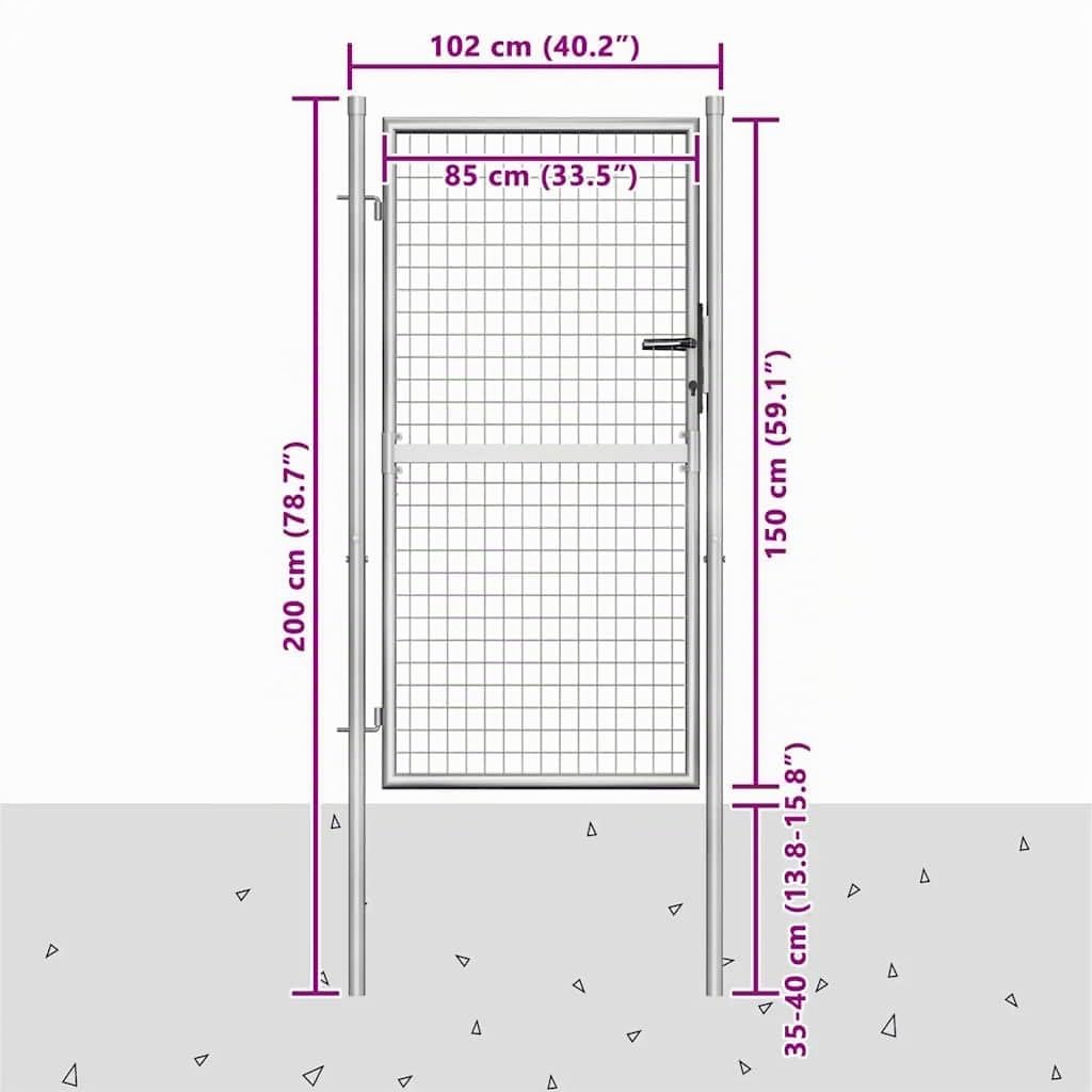 vidaXL Puerta de Jardín Acero Galvanizado Plateado 105x200cm Cercado Entrada Práctica Bricolaje Bisagras Resistentes Diseño Clásico Estable Duradera