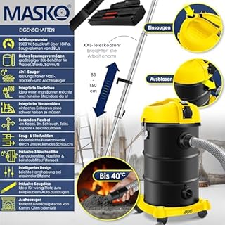 Masko® Aspirateur Industriel 6IN1 Aspirateur Eau et poussière Aspirateur Aspirateur à Cendres 2 300 W + Prise électrique Fonction soufflage Aspiration à Sec et Aspiration de l'eau (Gelb)