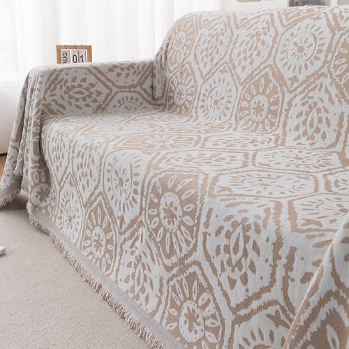 Image of HOKIPO 320 GSM Chenille Sofa Throw Blanket for 3 Seater Sofa - Printed All-Season Sofa Cover, 'Serene Abode Series' Boho Floral Tile (180x310 cm) (AR-6633-D5)
