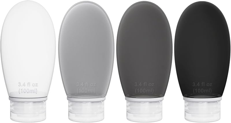 Frascos de silicone recarregáveis imuviy para viagem, cinza, 100 mL, pacote com 4