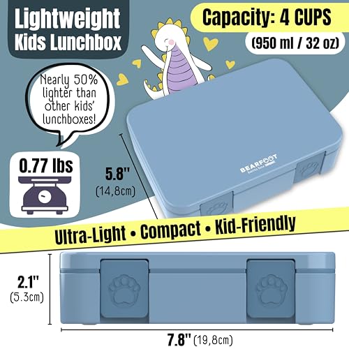 Image of BEARFOOT Kids Lunch Box with Compartments - Compact & Lightweight | Leak-Proof, BPA-Free, Dishwasher Safe | Hand-Drawn Design for Preschool, School, Travel (Blue, 4 Cups)