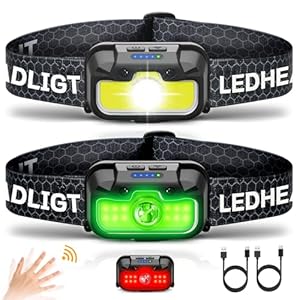 Headlamp Rechargeable, 2 Pack 1300 Lumen Ultra-Light Bright Head Lamp with White Red Green, 14 Modes Adjustable Waterproof Motion Sensor Headlight for Outdoor Camping Running Cycling Hiking