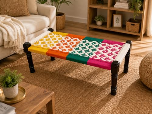 Image of Handwoven Wooden Bench | Traditional Rope Charpai Stool | Solid Wood Frame Seating for Living Room, Balcony & Outdoor | Durable & Stylish Design (Multicolor Finish)