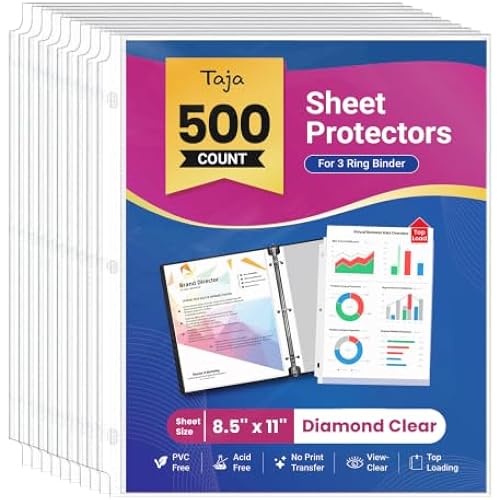 Taja Sheet Protectors for 3 Ring Binder, Clear Page Protector, 500 Pack