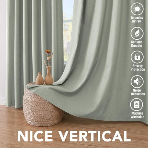 Image of H.VERSAILTEX Linen Curtains 100% Blackout Curtains for Bedroom 102 inch Long Full Light Blocking Nature Linen Blended Window Curtains for Living Room Nickel Grommet (2 Panels, Sage)