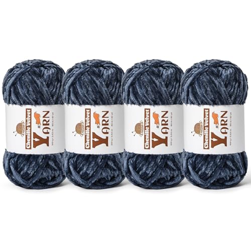 Image of 4 Pack Plush Chenille Chunky Yarn - Fluffy Velvet Yarn Crochet for Blanket Knitting and Crocheting - Soft Baby Yarns for Crocheting - Amigurumi Crochet Yarns 100g (87yds) (4 Navy Blue)