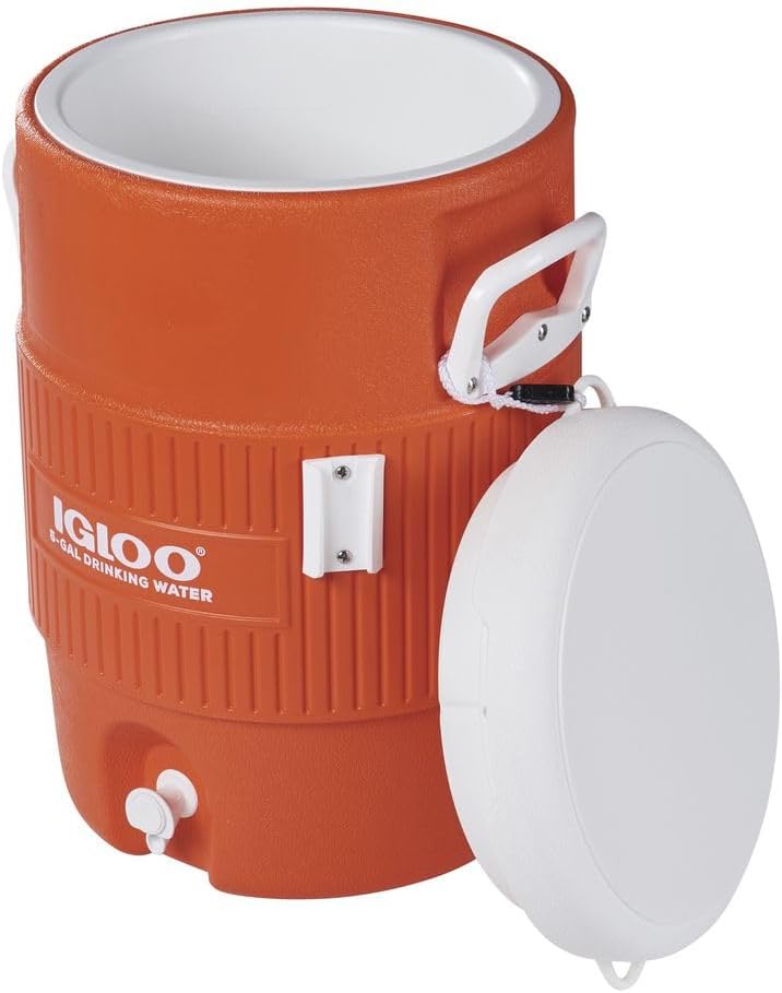 Beverage Jug, Orange With White Seat-Top Lid & Handles, 5-Gallons