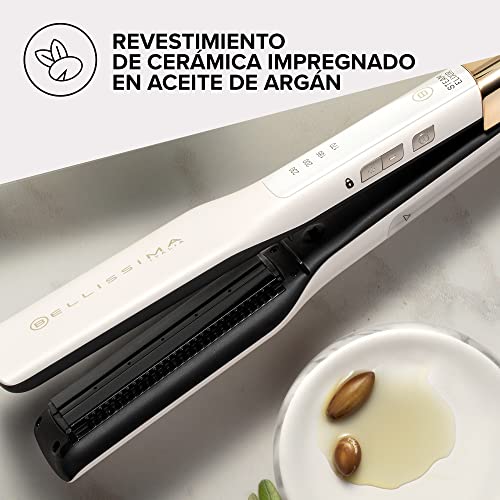 Bellissima Imetec Steam Elixir, Plancha de pelo con vapor, alisa en una sola pasada sin dañarlo, revestimiento cerámica y aceite de Argán, calentamiento cápido, 4 temp, alfombrilla termoresistente