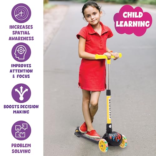 Image of ToyMagic Swift & Stride Scooter 3 Wheeler with Led Wheels Non Electronic Motion Activation Smart Kick Foldable Toy Height Adjustable Handle Birthday Gift for 3+ Made in India, Yellow, Kid