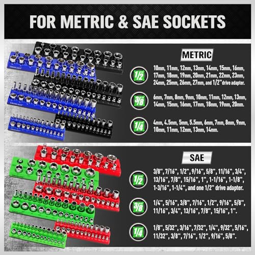 Image of SWANLAKE Magnetic Socket Organizer Set, 1 /4 inch, 3 /8 inch, 1 /2 inch Sockets Holds 286 Pieces Magnetic Socket Trays (Blue&red&black&green, 12 Pcs)