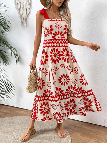 Image of Women's Floral Print Maxi Dress - Adjustable Tie-Shoulder, Lightweight Beach & Summer