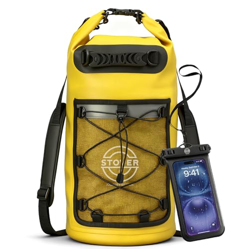 Image of STOVER 5 /10 /25 /30 /40L Waterproof Dry Backpack & Phone Case- Large Floating Dry Bag for Kayaking, Travel, Hiking, Fishing, Camping, Motorcycles & Beach, Heavy-Duty Roll Top Men /Women (Yellow)