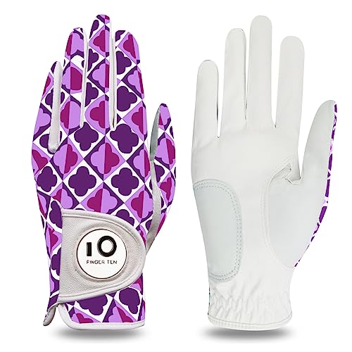 FINGER TEN Women's Golf Gloves - Left & Right Handed, Breathable, All Weather Soft Grip, Anti Slip, Purple, Medium