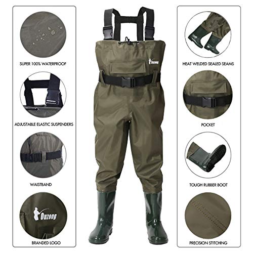Ouzong Chest Waders for Kids, Lightweight Cleated Nylon and PVC Fishing Bootfoot Chest Waders for Boy and Girl, Army Green Waterproof Chest Waders for Children