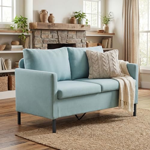 TYBOATLE 51' W Linen Fabric Upholstered Modern Loveseat Sofa Couch for Living Room, Love Seats 2-Seater Furniture w/Iron Legs for Compact Space, Apartment, Bedroom, Dorm, Office, Aqua Blue