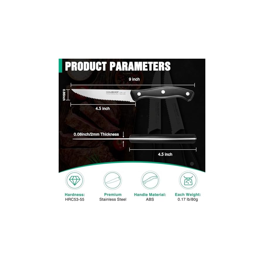 HAUSHOF-Steak-Knives-Set-of-8-Premium-Stainless-Steel-Serrated-Steak-Knife-Set-with-Gift-Box-Full-Tang-and-Ergonomic-Handle-Gifts-Knife-Set-for-Mom-Dad-Wife-and-Husband HAUSHOF Steak Knives Set of 8, Premium Stainless Steel Serrated Steak Knife Set with Gift Box, Full Tang and Ergonomic Handle, Gifts Knife Set for Mom, Dad, Wife and Husband