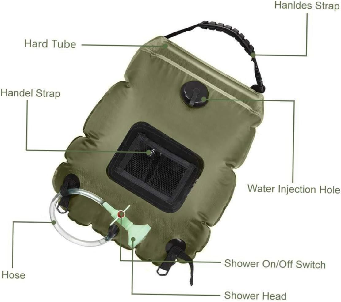 TOYANDONA Solar Camping Shower Bag Portable Outdoor Hiking Shower with Nozzle for Beach Travel Fishing Easy to Use and Store Olive Green