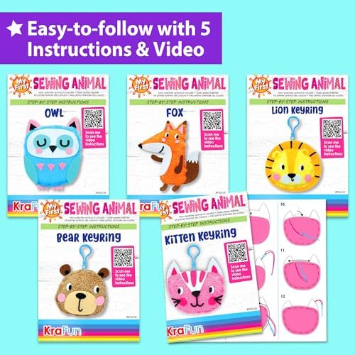 KRAFUN Beginner Animal Sewing Kit for Kids Age 5+, 5 DIY Projects - 4