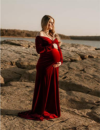 OQC Velvet Maternity Off Shoulder Long Sleeve Fitted Gown Half Circle Maxi Photography Dress for Photo Props Dress Burgundy - Image 5