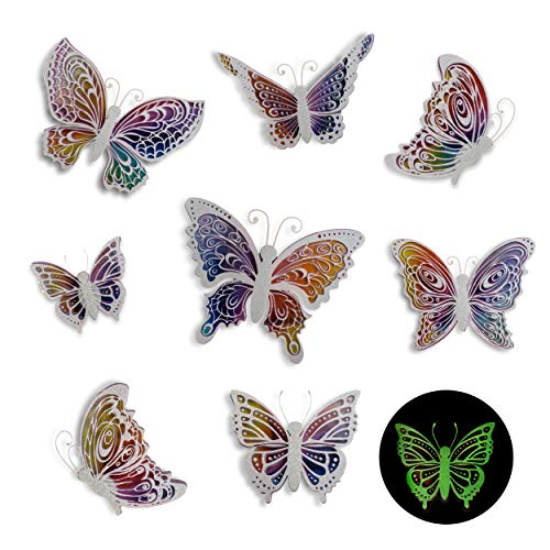 Butterfly Wall Decals Stickers - 3D Decor, Glow in the Dark After Exposure To Light - 8 Easy To Stick Removable Wall Decorations, Malkan Signs