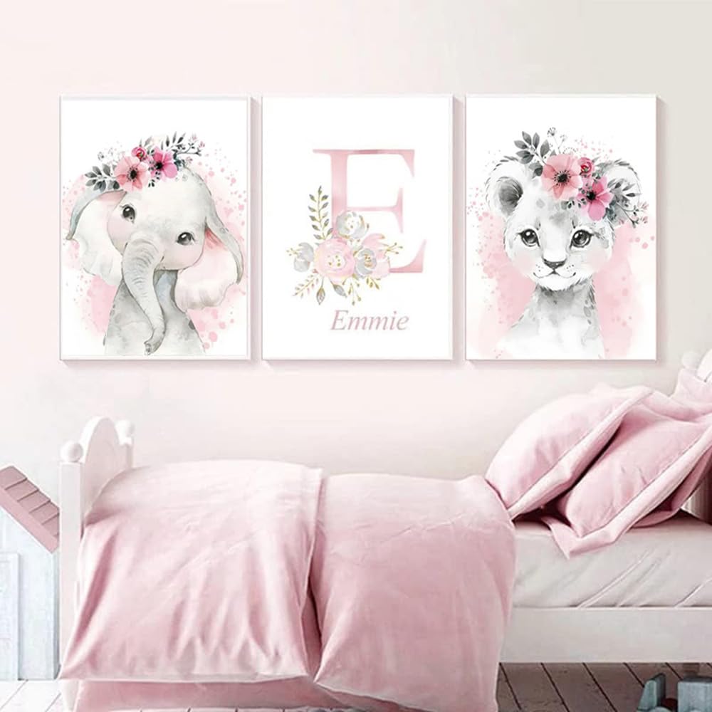 3 Quadri Personalizzati Nome Nascita Stampe Animali Cameretta Bimbo Rosa 30x 40 cm Quadro Cameretta Bambina Decorativi da Parete Bambini Poster Camera Ragazza Ragazzo Regalo Tela senza Cornice