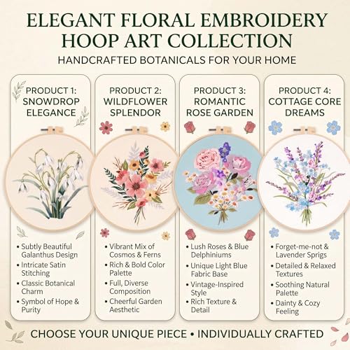 Image of Harimau Adult Beginner Embroidery Starter Kit, Complete Set with 4 Patterns, 2 Hoops, Needles, Scissors, Instruction Guide & Stitching Video Tutorials