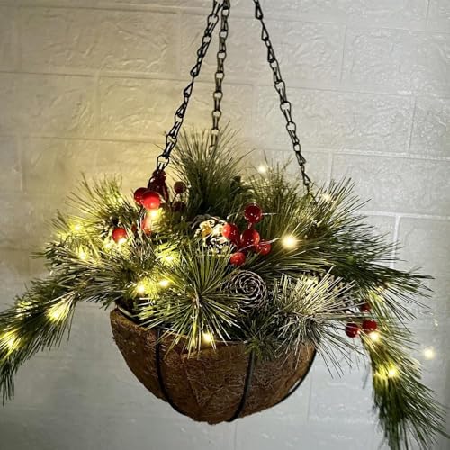 2 Set Christmas Outdoor Decor Cedar Artificial Hanging Baskets with Lights - image 7