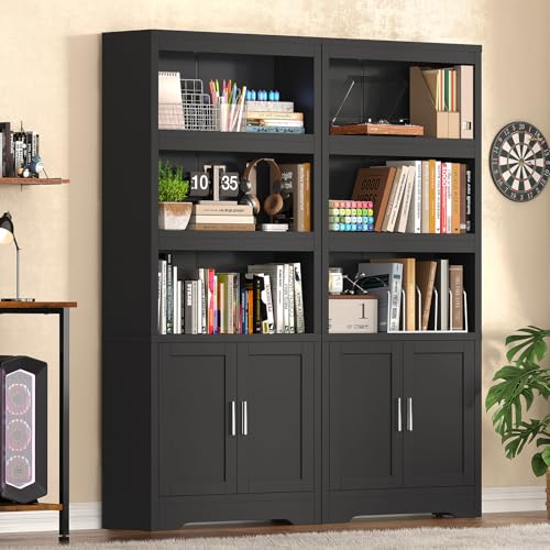 Image of Book Shelf and Bookcase with Doors, 5-Tier Display Storage Cabinet with Adjustable Shelves, Open Compartments, Remote Control LED Lights, Tall cabinet for Bathroom Kitchen Living Room, Home Office