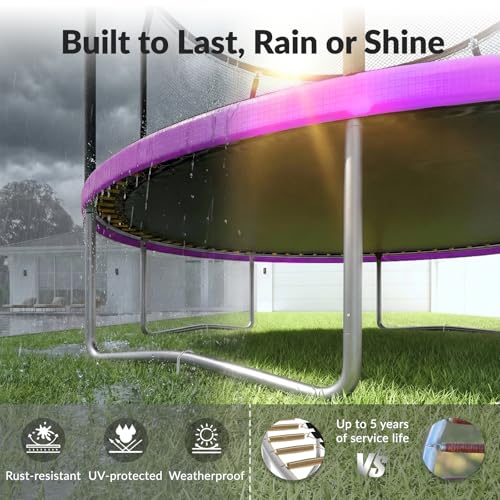 ACWARM HOME Trampoline Outdoor 14FT Trampoline with Basketball Hoop and LED Lights, Recreational Trampolines for Kids and Adults with Net and Ladder, ASTM Approved,Light Purple