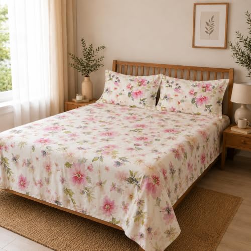 Image of Linen Home Cotton Percale Flat Bedsheet Set King Size Floral Pink