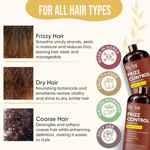 Image of DEL SUR Frizz Control Shampoo and Conditioner Set | 16 fl oz Each | with Camellia Japonica, Shea Butter & Avocado Oil | Smoothing & Anti Frizz for Curly, Wavy & Straight Hair