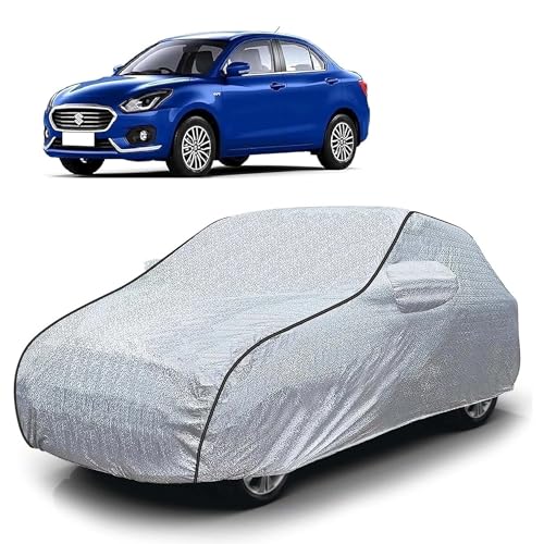 Image of Sulfar 100% Waterproof Car Body Cover Compatible with Mirror for Maruti Suzuki Swift Dzire (Triple Stitched, Full Bottom Elastic, Magic Silver with Black Piping)