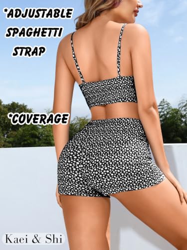 Kaei&Shi Boy Short Bikini Sets for Women,Modest Two Piece High Waisted Shorts Bikinis,Cute Floral Ruched Boyshort Swimsuits3