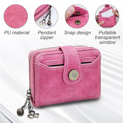 Small Wallets, PU Leather Bifold Card Holder Wallet for Women, Flower Decoration Compact Purse with Coin Pocket (Pink)3