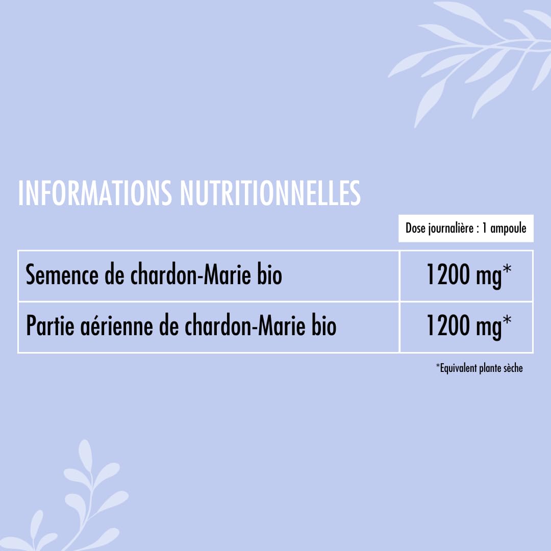 Chardon Marie Bio - Hautement dosé 2400 mg par dose - Protection du foie et Confort Digestif - 20 ampoules - Fabriqué en France - Nutrivie