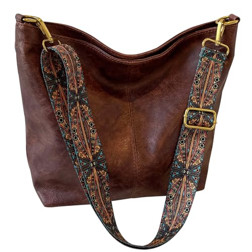 Image of Hobo Bags for Women Crossbody Bag Guitar Strap Purse Vegan Leather Shoulder Handbags Boho Purses Tote Bucket Bag