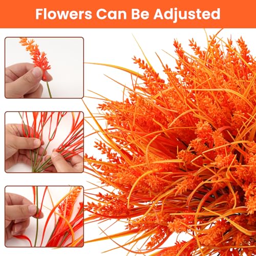 20 Bundles Artificial Plants Outdoor, UV Resistant Fake Flowers, Realistic Faux Lavender Shrubs for Porch Garden Window Box Home Decoration (Fall Orange-red)