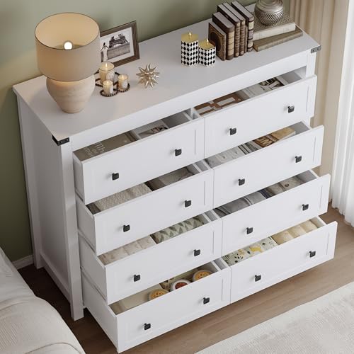 Image of BORNOON Tall 8-Drawer Dresser, Modern Wooden Storage Chest of Drawers, Dresser TV Stand, Wood Drawer Organizer with Metal Handles for Bedroom, Living Room, Hallway
