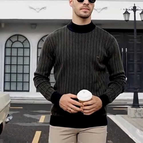 Men's Turtleneck Sweater Striped Knitted Pullover Autumn and Winter Solid Color Slim Fit Top Warm Long Sleeve,Brown,L3