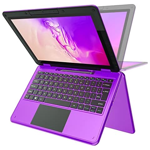 AWOW 11.6" Laptop, 2 in 1 Windows 10 Laptop, FHD Kids Laptop, Intel 4 Core Celeron N4120, 6GB RAM 256GB M.2 SSD, Touch Screen Laptop with Stylus, Purple Cover