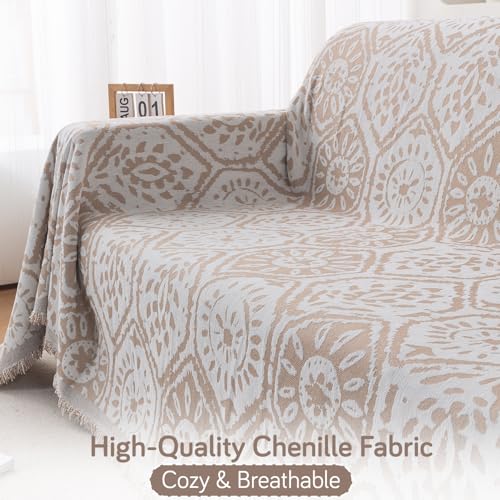 Image of HOKIPO 320 GSM Chenille Sofa Throw Blanket for 3 Seater Sofa - Printed All-Season Sofa Cover, 'Serene Abode Series' Boho Floral Tile (180x310 cm) (AR-6633-D5)