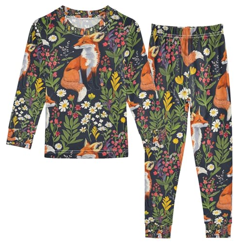 senya Fox Piant Flower Pajamas Set Long Sleeve Soft Cotton Sleepwear 2 Piece