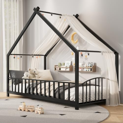 Image of Garvee Twin Size House Shape Bed Frame with Rail, Black