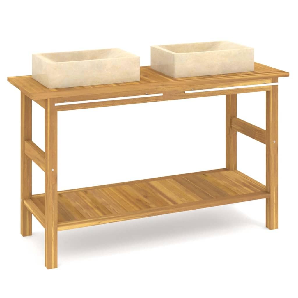 Waschtisch mit Creme Marmorbecken Massivholz Teak Badezimmer Stauraum Robust