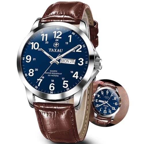 Taxau Blue Face Watch for Men Brown Leather Band, Premium Quartz Movement, 30M Waterproof Fashion Dress Watch, Sunray Dial Design Elegant Mens Accessory for Formal Events Unique Gifts for Him